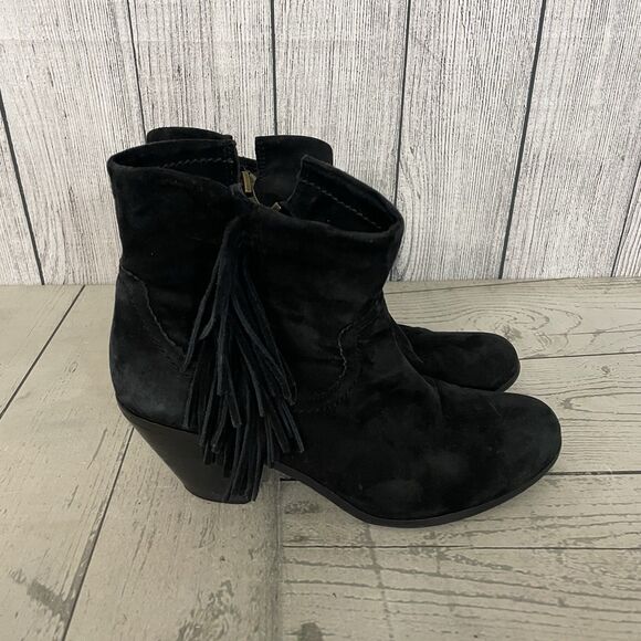Sam Edelman Louie Boot Women US 10M Black Suede Fringe Ankle Side Zip Block Heel - Picture 1 of 9